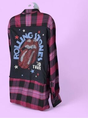 Upcycled Rolling Stones Black Plaid -Graphic Melloday Button-Down Shirt